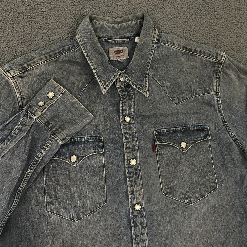 Levis Denim Western Shirt Mens Medium Slim Pearl Snap Jean Blue Cowboy Rancher